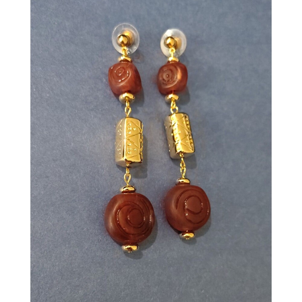 Avon Boho Dangle Earrings Red Agate Beads Gold Tone Geometric Rectangle Pierced